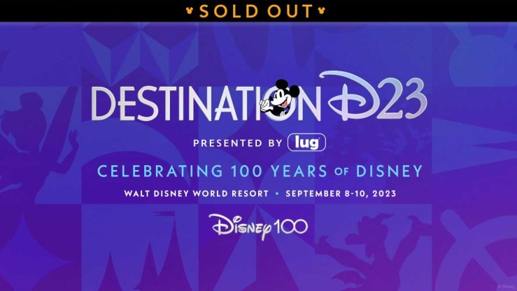 The words Destination D23 in white font and description of fan event celebrating Disney 100 years and theme parks in Orlando Florida happening in September 8 through 10, 2023