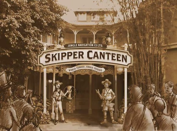 Sepia toned image of entrance to restaurant with words Skipper Canteen in front, with cartoon renderings of characters.